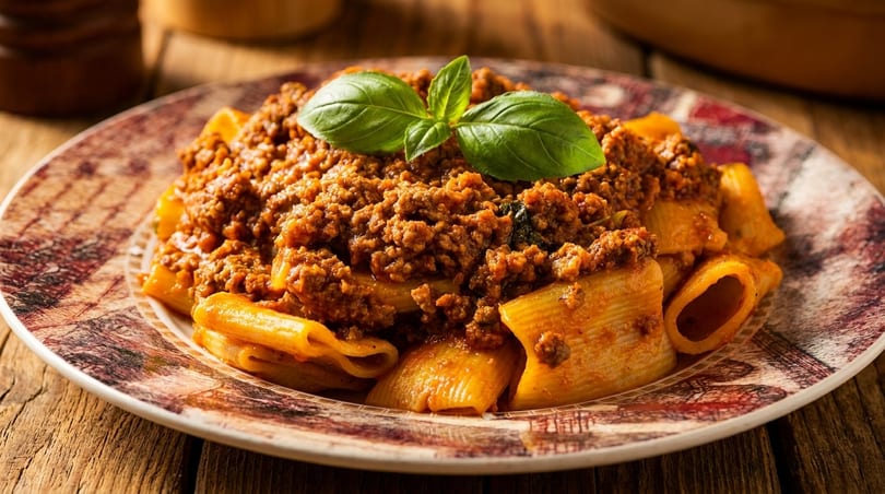 Rigatoni pasta with rich bolognese sauce and a fresh basil garnish on a rustic plate.