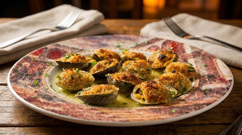 Baked clams with breadcrumbs and herbs in a white wine sauce on a decorative plate.